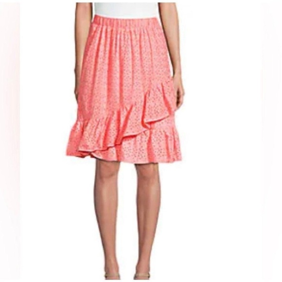 Nanette Lepore Coral Pink Flamingo Eyelet Ruffled Skirt NWT 78.00 - Picture 1 of 8